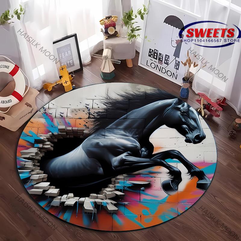 Super Shocking 3D Space Art Horse Printed Round Rug, Chair Carpet, Children Playing Mat Living Room Bedroom Rug,Non-slip Doormat