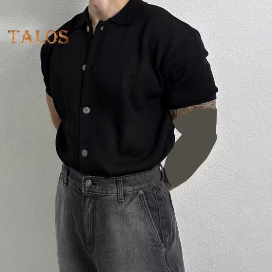 Summer Men Shirt Knitted Short Sleeves Turn-down Collar Single-breasted Stretchy Solid Color Cardigan Loose Daily Wear Casual Top