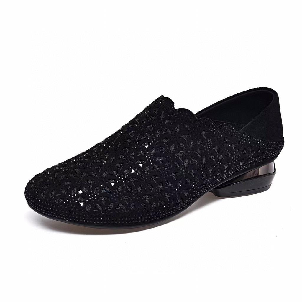 Women's single shoes spring new round head gypsy lace low heel black sheepskin two wear mesh shoes