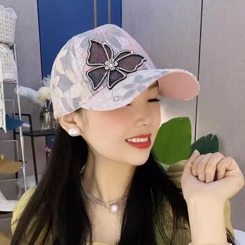

Women s New Style Lace Diamond-embellished Mesh Butterfly Baseball Cap Summer Fashionable Sun Protection Sun Hat Adjustable розовый
