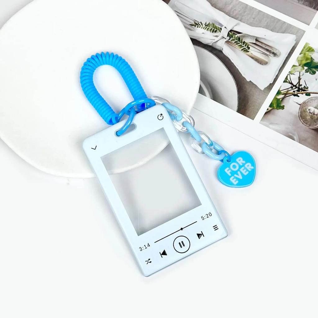 Music Player ID Card Holder with Spring Rope Heart Charm for Women Girls Kid Colorful Bus Subway Credit Card Protector Shell