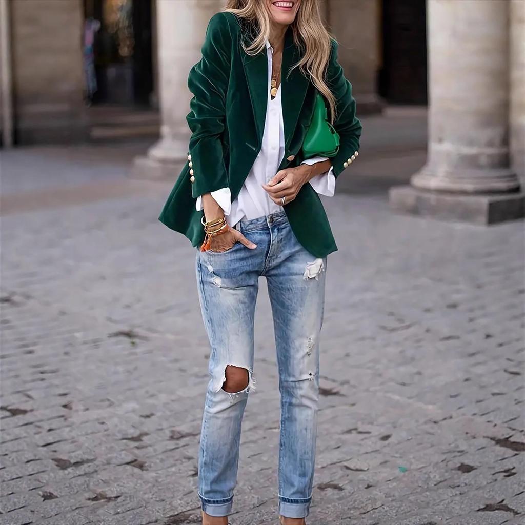 Women's Solid Color Velvet Notched Lapel Single‑Button Long Sleeve Slim Fit Blazer Jacket
