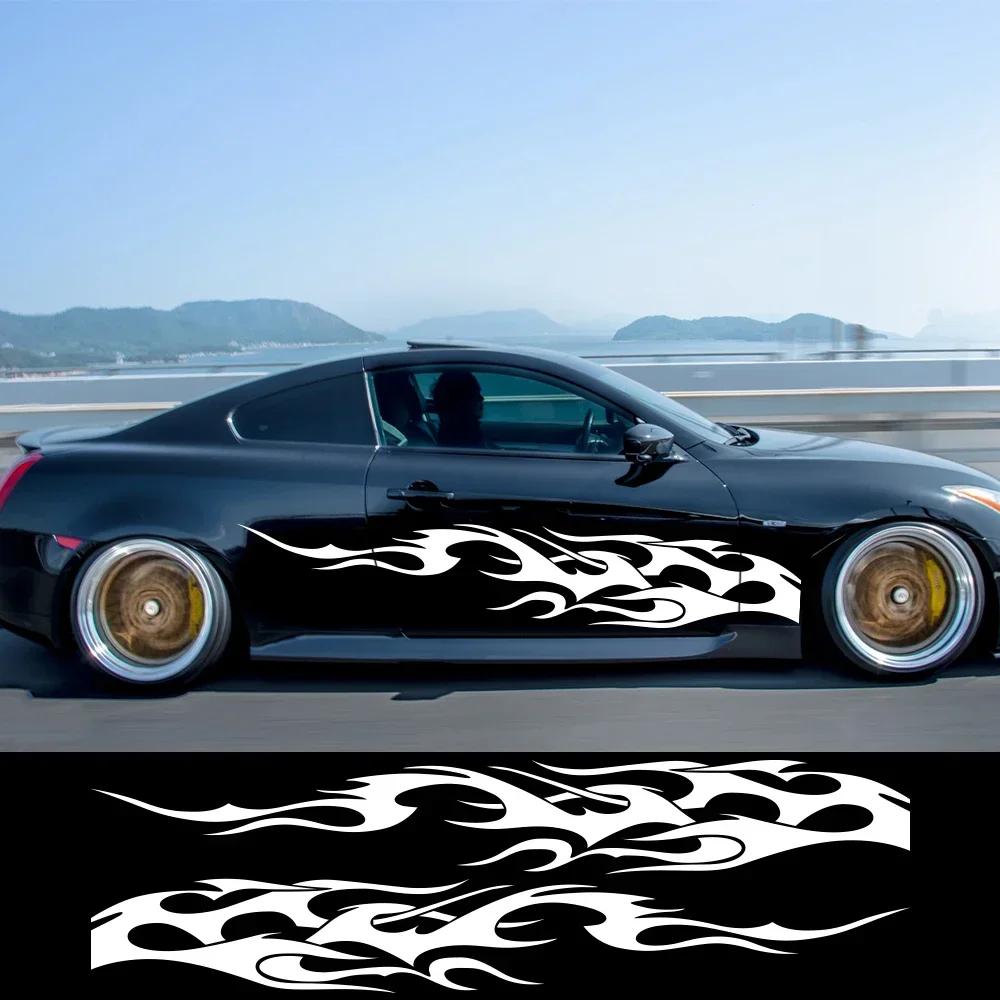 2Pcs Universal Vinyl Flame Graphics Car Body Side Stickers Flame Sports Racing Stripe Decorations Suitable For All Cars SUV