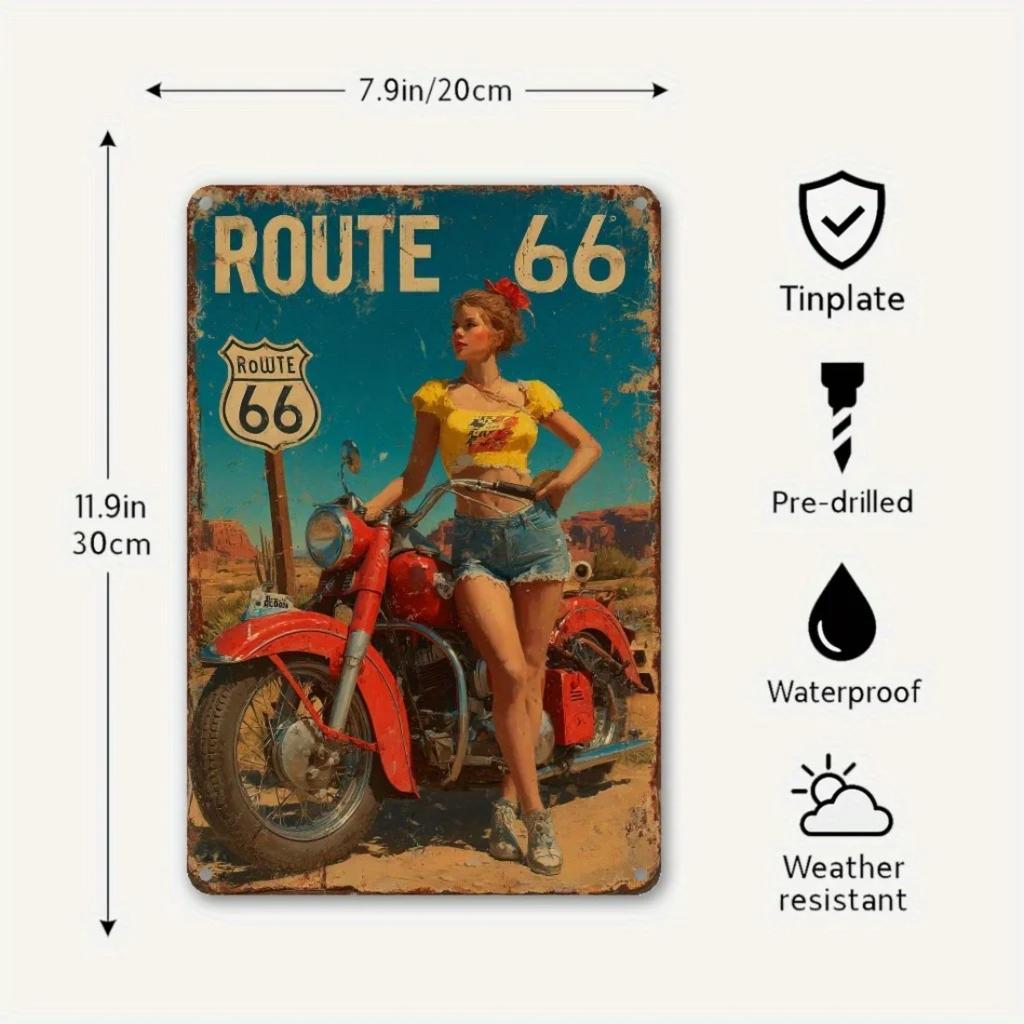 Vintage Route 66 Motorrad Blech Metall Wandkunst Schild 8x12 Zoll Retro Dekoration für Zuhause Bar Büro