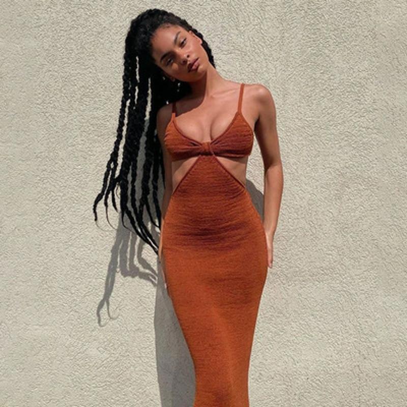 Letní dámské pletené maxi šaty Elegantní ramínka Výřez Bez zad Dlouhé dovolenkové šaty Sexy duté bodycon párty šaty