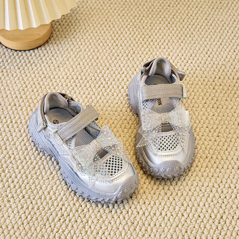 Kids Sports Sandals Casual Mesh Breathable Girls Princess Shoes Shiny Lace Bow 2025 Summer Children Running Shoes Non-slip Trend