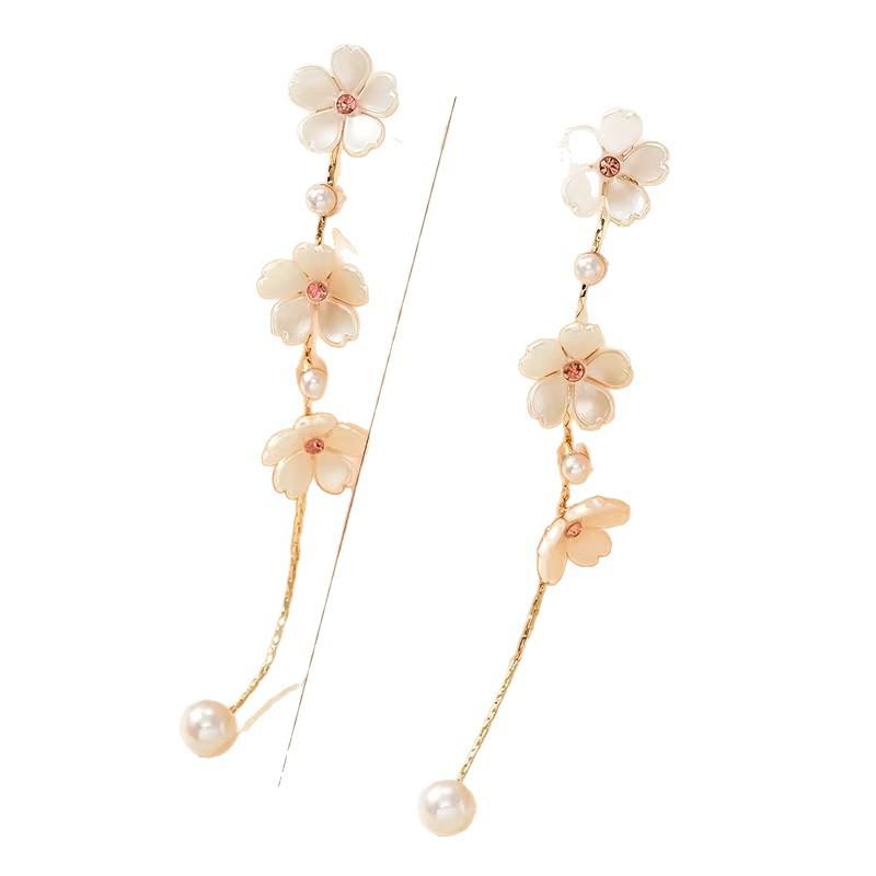 Fresh Sweet and Versatile ABS Imitation Pearl Floral Fringe Long Earrings for Women