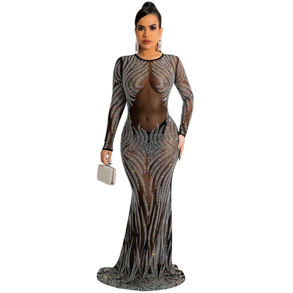 Rhinestone Mesh See-through Long Sleeve Nightclub Dress