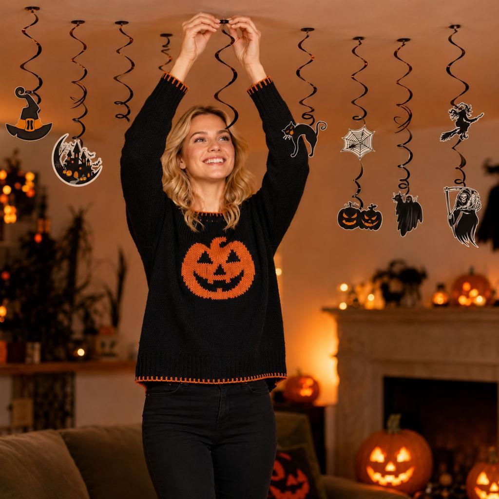 Halloween Party Hanging Swirl Decorations Set with Witch Hat Black Cat Skull Pumpkin Ghost Spider Web and Happy Halloween Sign for Indoor Outdoor Use