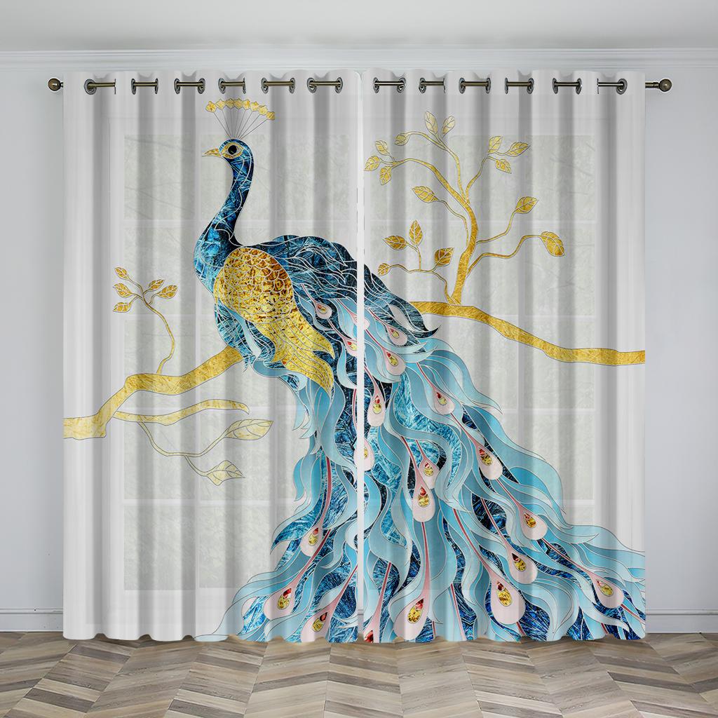 Peacock Blue Feather Animal-themed Blackout Curtains, a Set of Two Panels, Suitable for Decorating Living Rooms, Bedrooms, Studi