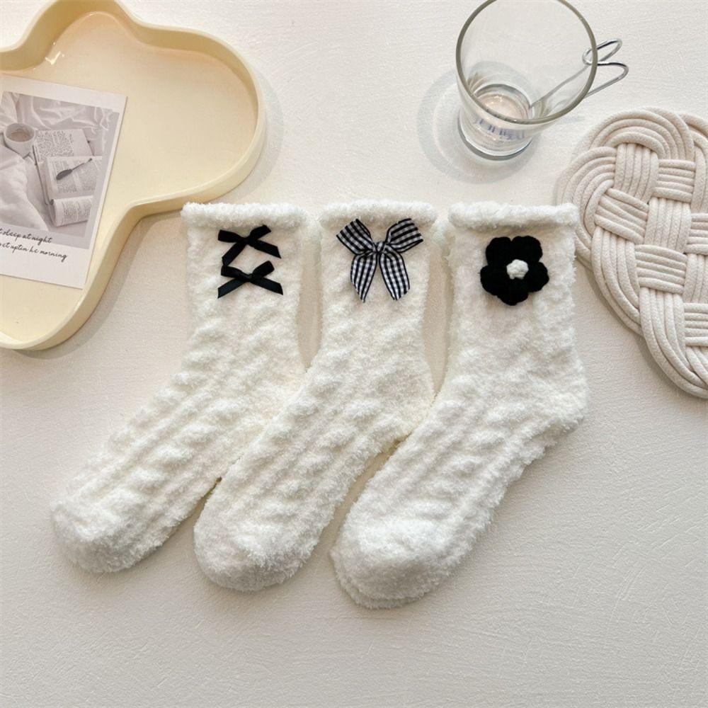 3Pairs Plush Bow Fleece Socks Solid Color Sleeping Socks Women Fashion Coral Fleece Socks  Girls