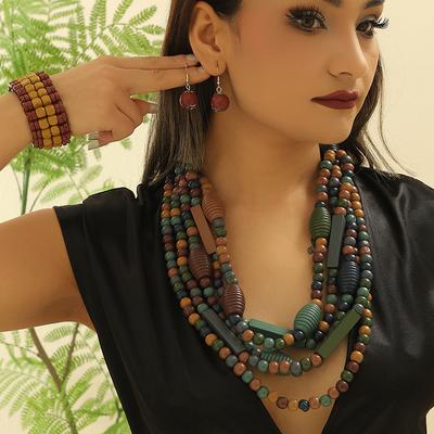 Collar Pendientes Pulsera Set de Joyería de Cuentas de Madera Hecho a Mano Multicapa Color Vintage Collar Declaración Boho Cuentas Collar Largo