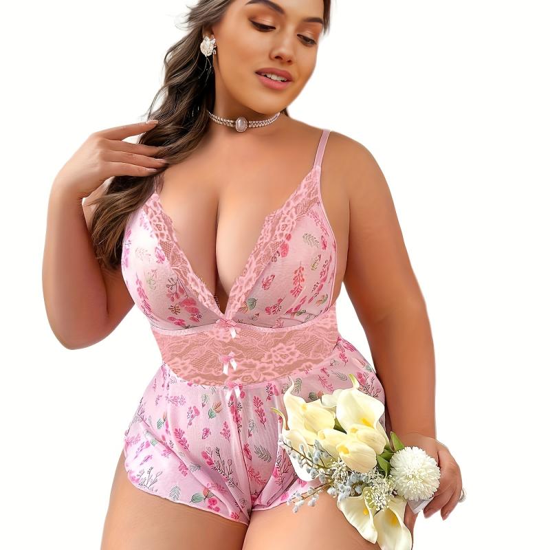 РџР»СЋСЃ Р Р°Р·РјРµСЂ Naughty Lingerie Р‘РѕРґРё, Р–РµРЅСЃРєРёР№ Р±Р°РЅС‚ Р¦РІРµС‚РѕС‡РЅС‹Р№ РїСЂРёРЅС‚ Р“Р»СѓР±РѕРєРёР№ V-РѕР±СЂР°Р·РЅС‹Р№ РІС‹СЂРµР· РљСЂСѓР¶РµРІРЅР°СЏ СЃС‚СЂРѕС‡РєР° РўРµРґРґРё L