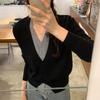 Wool Faux Two-Piece V-Neck Color Block Chic Knit Cardigan for Women - Autumn/Winter Lazy Style Short Sweater Coat