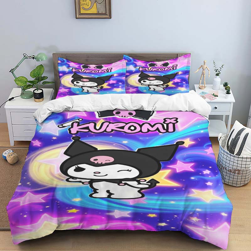 New Kuromi-themed Three-piece Bedding Set, Including Duvet Cover and Pillowcases, But Without Filling. A Great Holiday Gift.