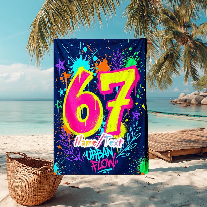 1PC Custom Name Urban Flow 67th Birthday Beach Towel Highly Absorbent And Sand-Resistant Towel for Swimming, Pool, Yoga, And Travel Lightweight