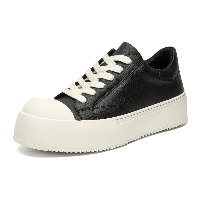 Fashion Men Casual Outdoor Antiskid Thick Bottom Sneakers Fashion Round Toe Lace-Up Tenis Masculino Shoe Genuine Leather Comfy Flat Shoe