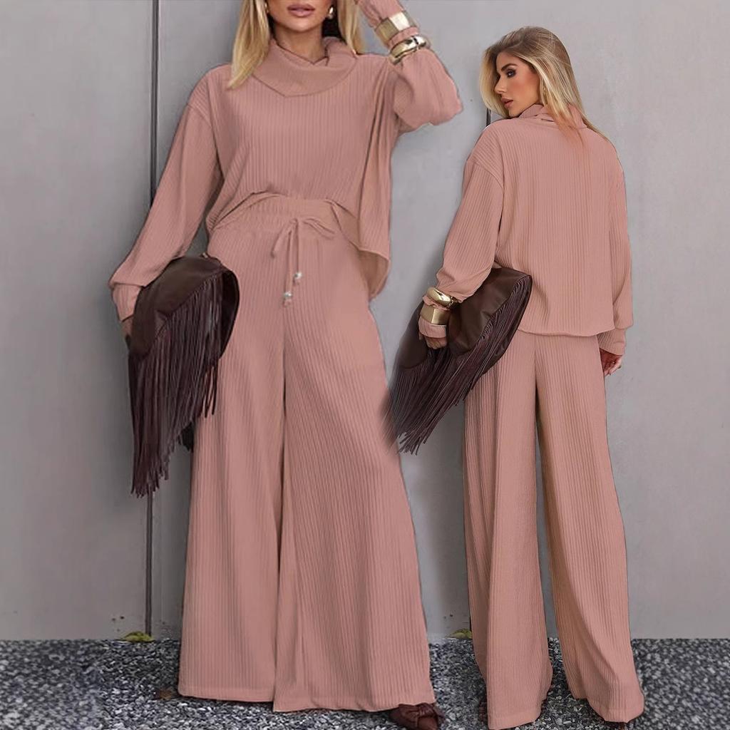 New women's elegant temperament stacked collar long-sleeved top wide-leg pants set