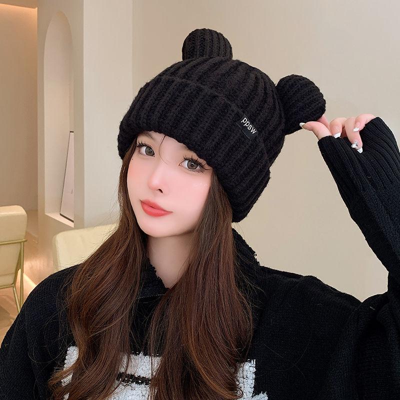 Female Winter Thick Section Hat Cute Small Bear Ears Loose Woolen Cap Warm Hundred Take Show Face Small Knitting Cap
