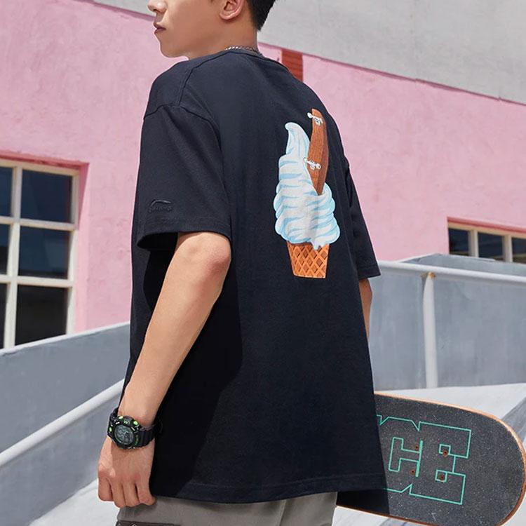 Li-Ning X Phil Hackett Artist Collaboration Cartoon Print Loose Round Neck T-Shirt Unisex Tops Black AHSS859-3