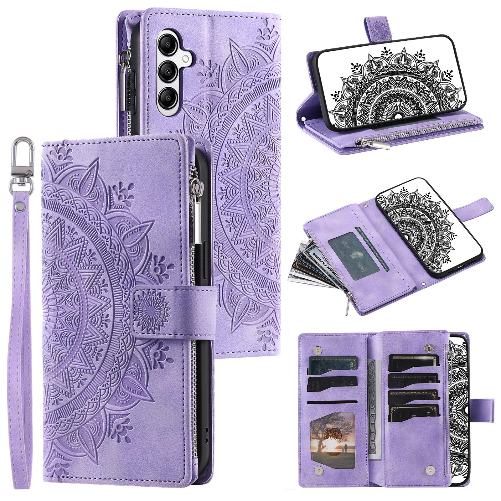 

For Samsung Galaxy A17 Wallet Case Mandala Flower Pattern PU Leather Phone Cover with Wrist Strap Purple