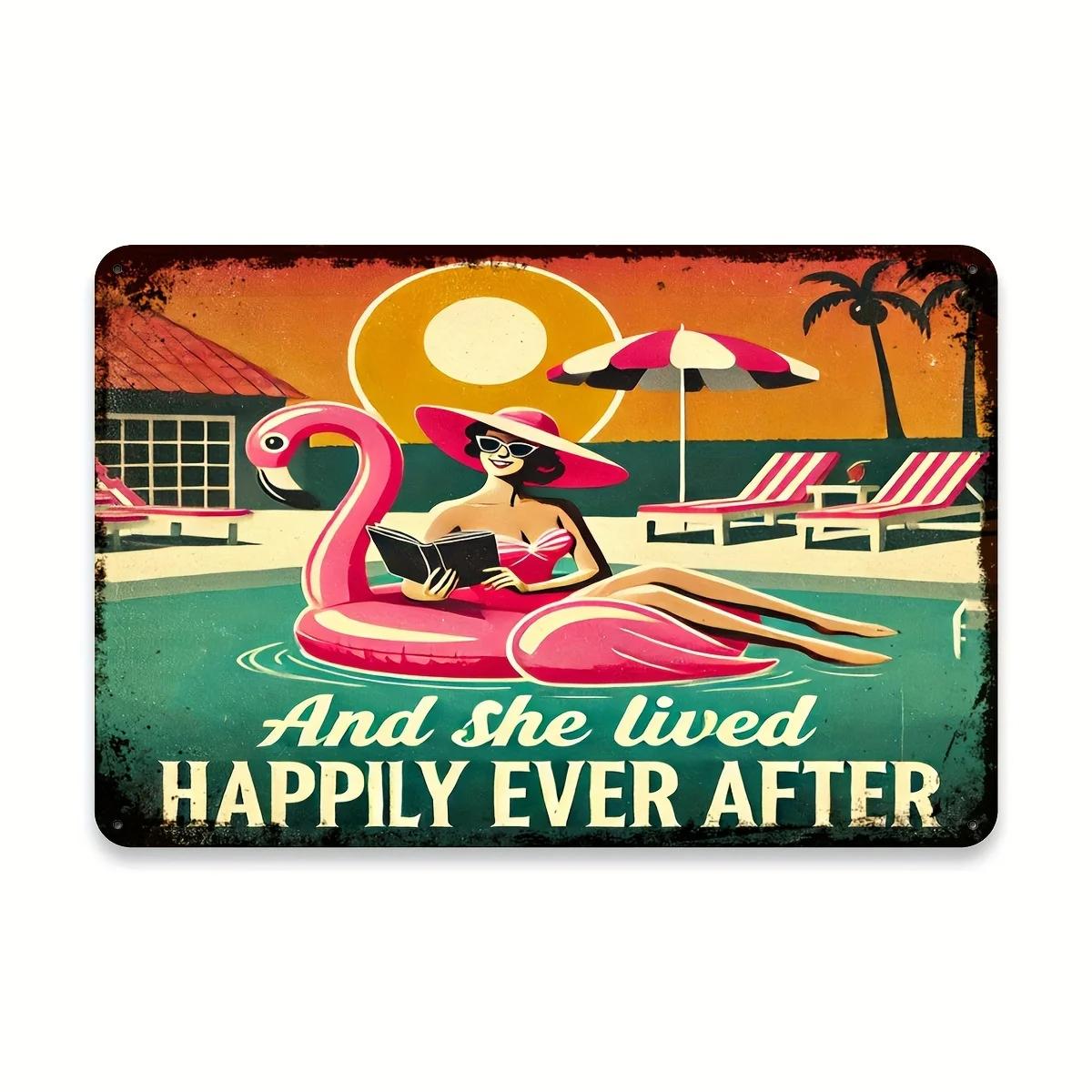 

Vintage And She Lived Happily Ever After Flamingo Metal Tin Sign - Retro Poolside Scene Wall Art for Home, Office, Farmhou 20x30cm（7.8x11.8inch）