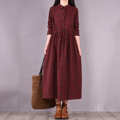 Spring and Autumn Retro Floral Cotton Linen A-Line Long Waist-Cinching Belted Long Sleeves Turn-down Collar Large Size Women's Dress