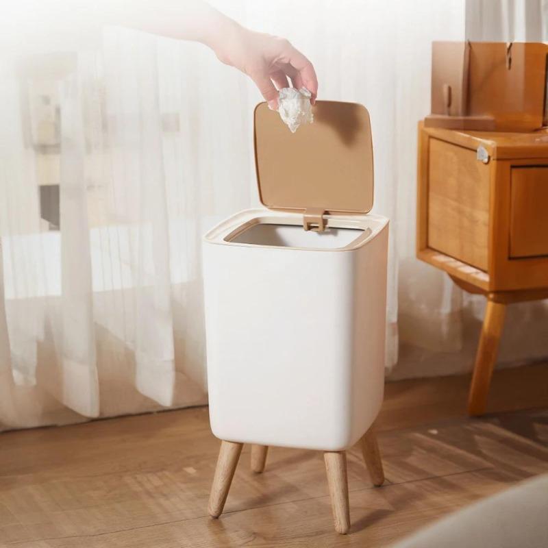 Trash Can with Lid – High Foot Press Dustbin, Wooden Grain Waste Bin for Kitchen, Toilet, Living Room, Office, Hotel