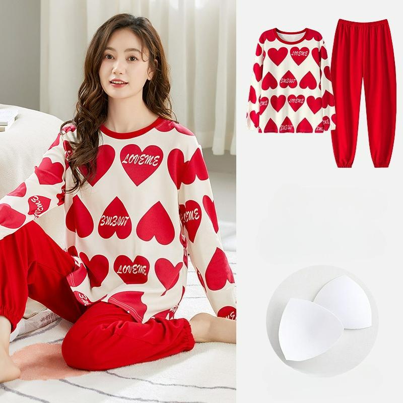 Pajamas with Chest Pads, Women's Autumn and Winter Long-sleeved Cotton, Cute and Casual, Can Be Worn Outside Home Service Suits