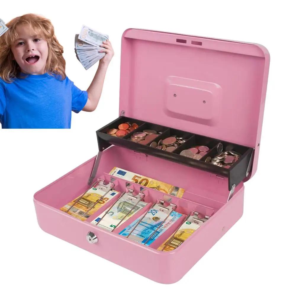 Money Box For Cash Saving Locking Cash Box With Money Tray Metal Money Saving Organizer 4 Bill/5 Coin Slots Cash Register Drawer