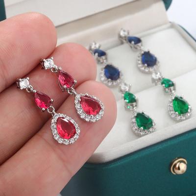 Classic Women's for Earrings Fashion Color Zircon Women's Long Earrings Red Blue Green Jewelry Anniversary Gift