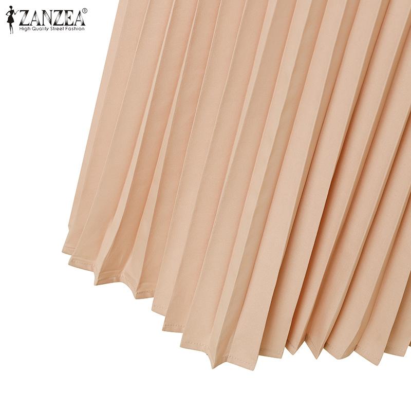 ZANZEA Womens Turn Down Collar Loose Casual Sleeveless Pleated Dress