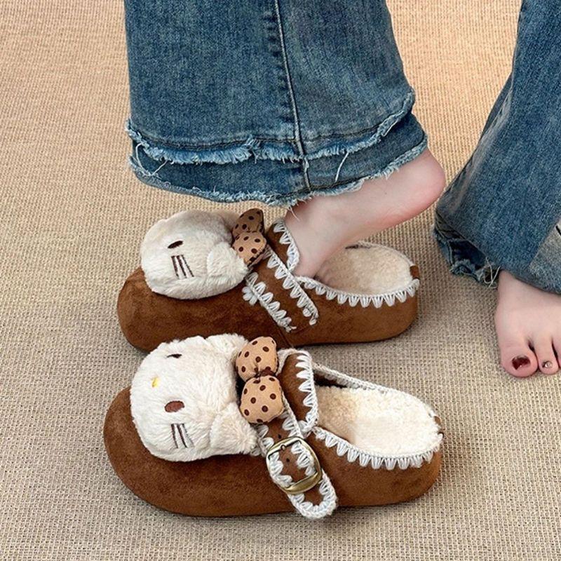 Soft cute Birkenstocks Hello Kitty velvet cotton drag lace  cute bag head half slippers cartoon