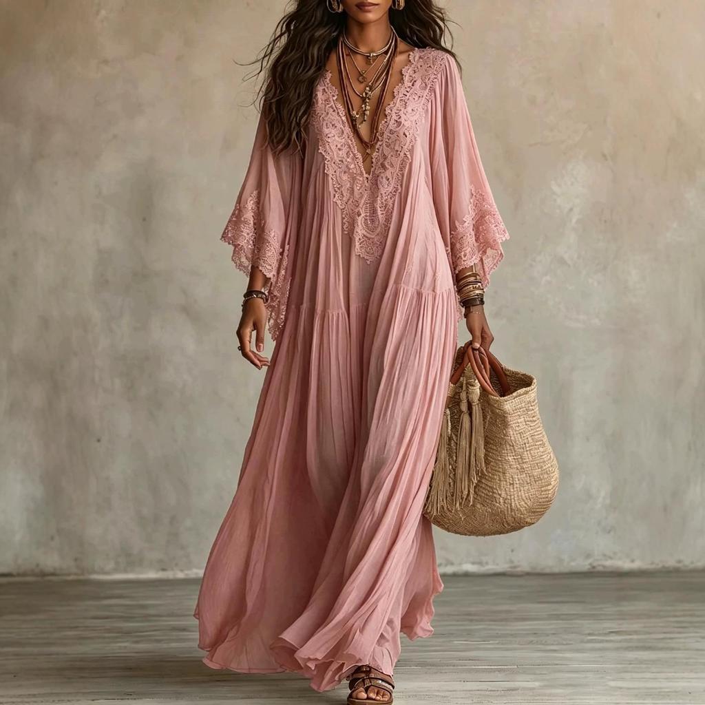 Bohemian Lace Patchwork Chiffon Dress - Western Style Hot Item
