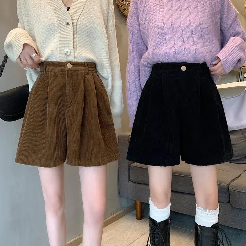 

Women s High-Waist A-line Corduroy Shorts - Autumn/Winter Versatile Casual Wide Leg Style, Perfect with Boots L абрикосовий