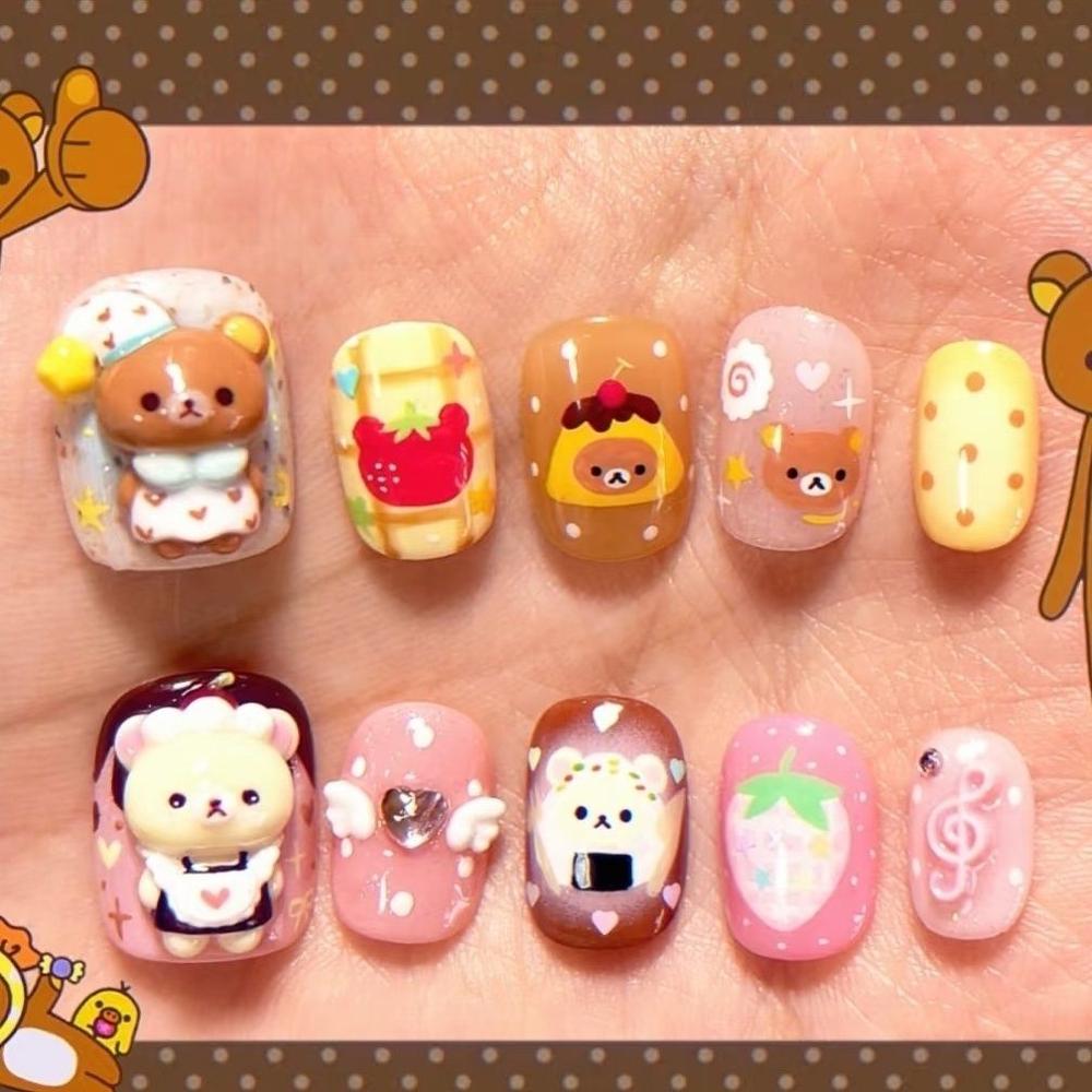 Cartoon Rilakkuma Short Square Round Handmande False Nails Cute Animal Bear Cat Dog Strawberry Bow Press On Nails Christmas Gift