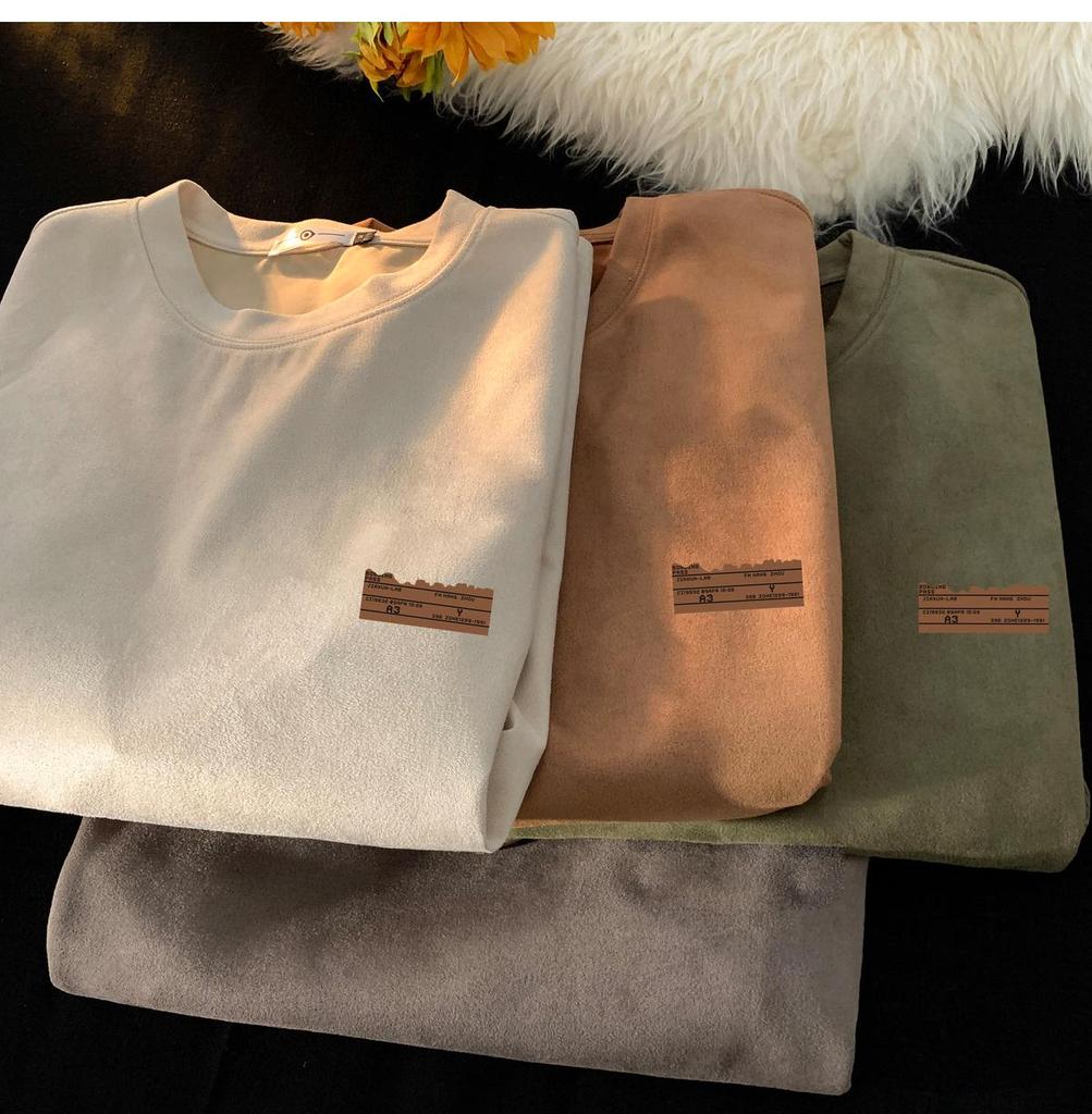 Men's Oversized Brown Suede Retro Round Neck Short-Sleeve T-Shirt