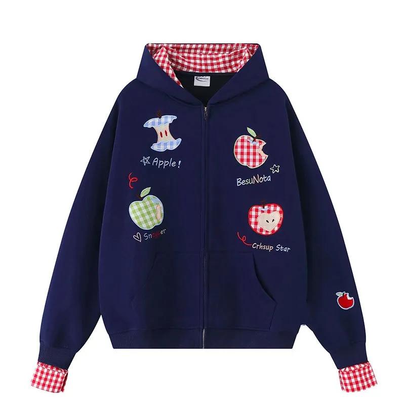 Design Sense Love Apple Plaid Hooded Sweatshirt Cardigan Women's Autumn Winter Loose Korean Lazy Style Chic Jacket Trend