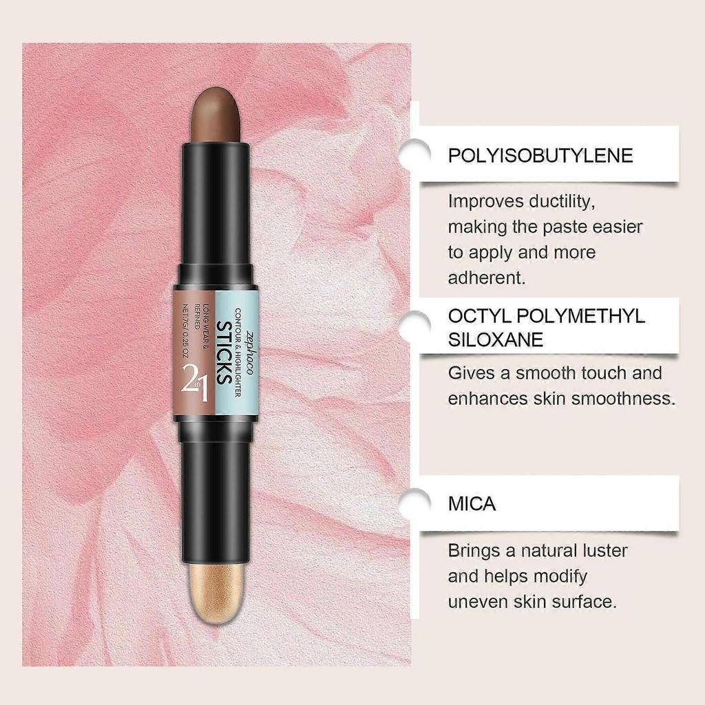 Natural Color + Light Coffee Color 2-In-1 Contour And Highlight Stick, Convenient Double-Head Design For Contouring The Highlight Stick