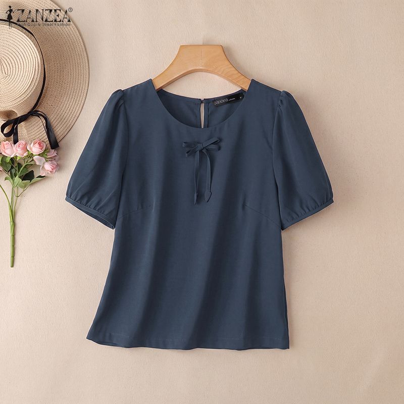 ZANZEA Blusa da donna casual a girocollo, tinta unita, manica corta larga