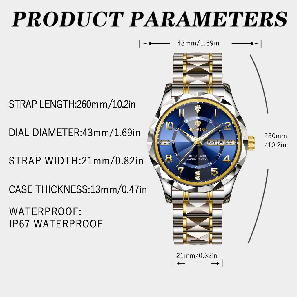 BINBOND New Men Watch Rhombus Mirror Original Quartz Watch for Man Waterproof Luminous Stainless Steel Wristwatch Male Date Week