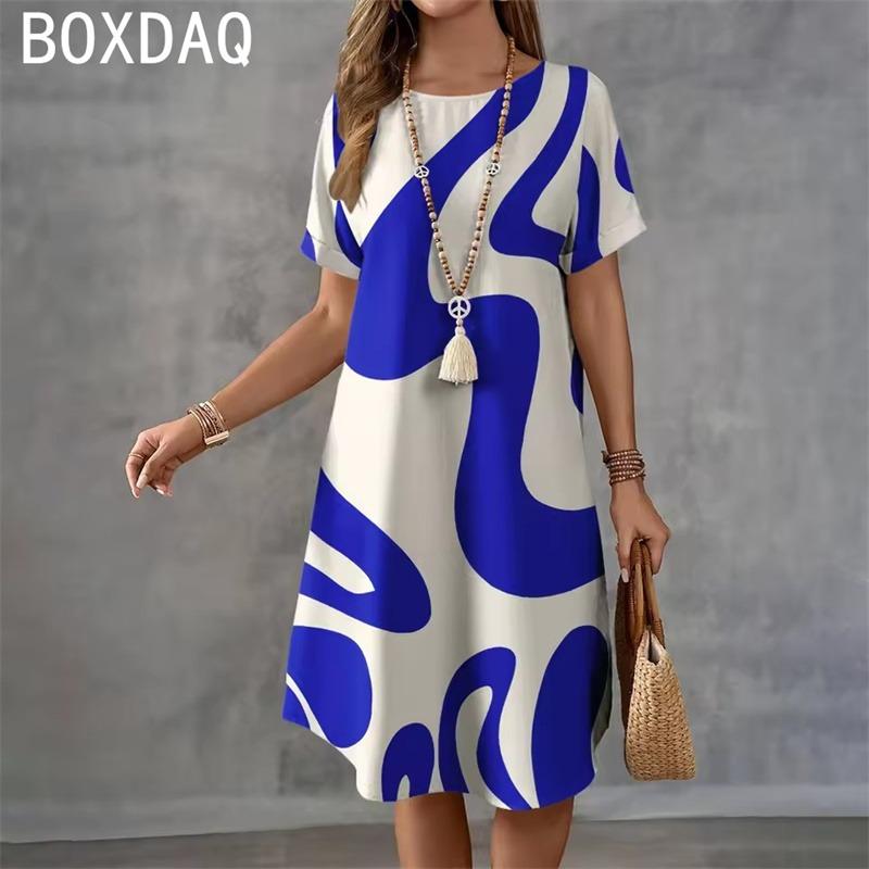 Boho Elegant Wave Stripe Gradient Print Dress Women s Short Sleeve O-Neck Casual Dress Lady Summer Beach Vacation Dress Vestidos L