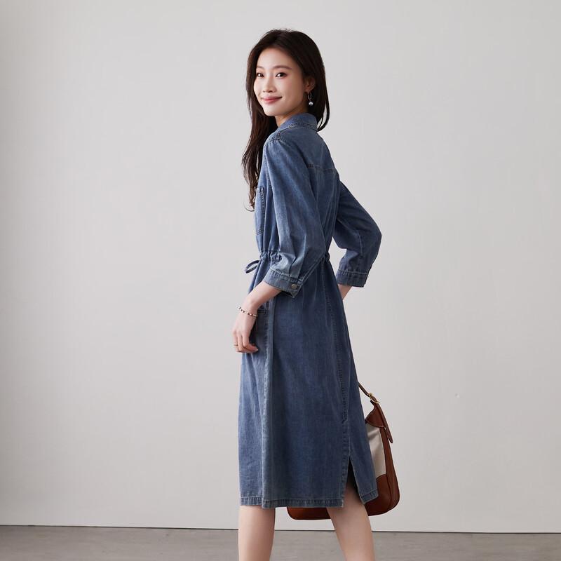 SOFSIL Women's Belted Long Sleeve Denim Midi Dress