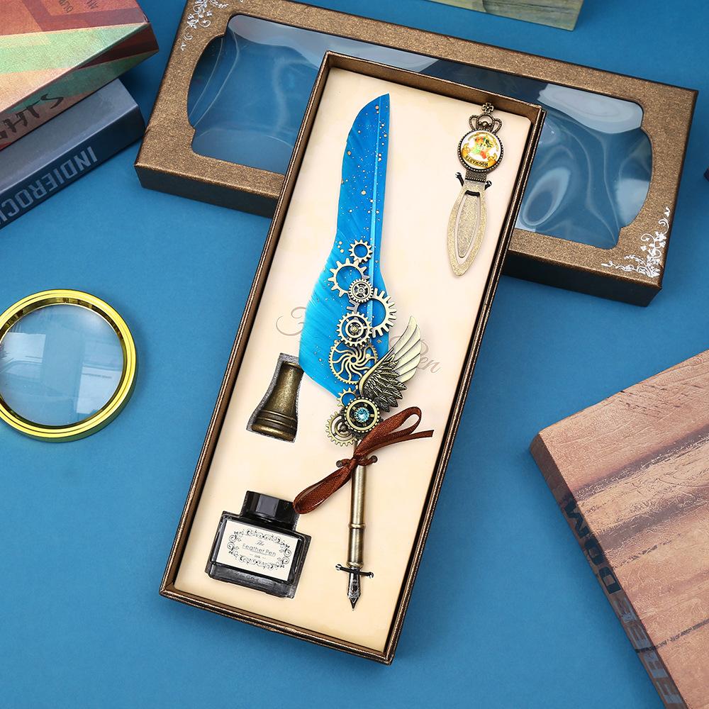 Vintage Feather Pen Mechanical Gear Feather Pen Steam Dip Pen Gift Box Teachers' Day Student Gifts