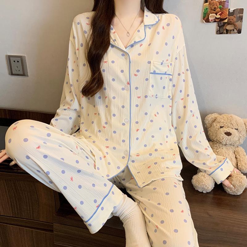 ins style girlish pajamas women's spring and autumn long-sleeved sweet bow full print casual loungewear set