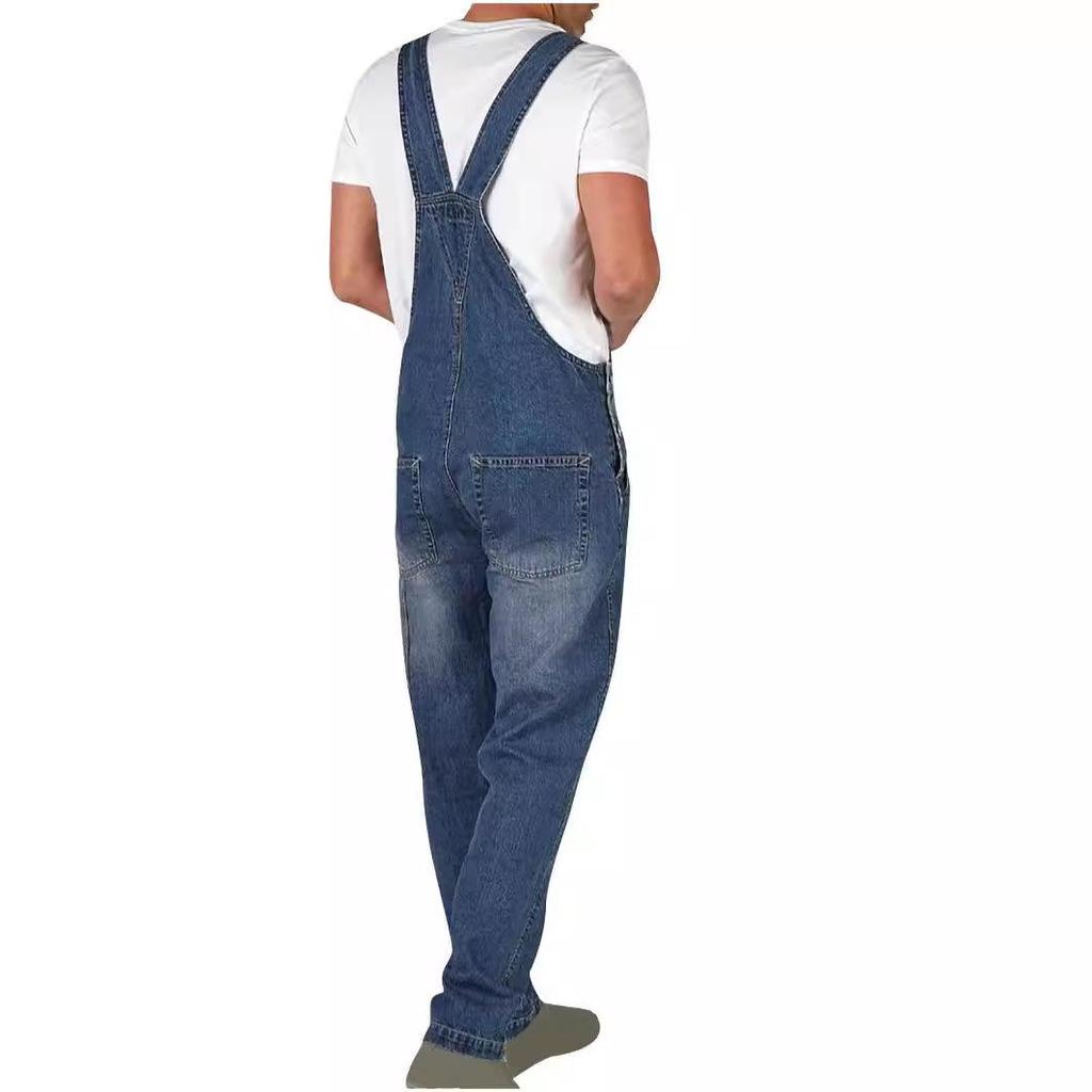 Men's Slim-Fit Retro Denim Overalls - Large Size, Solid Color