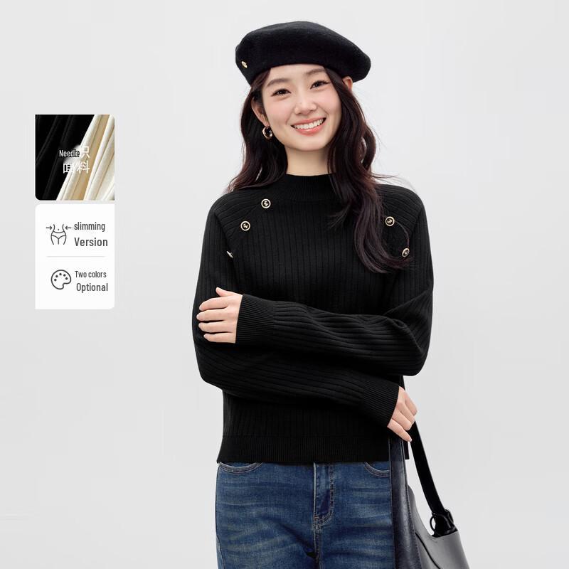 Women s Mock Neck Knit Top with Decorative Buttons L