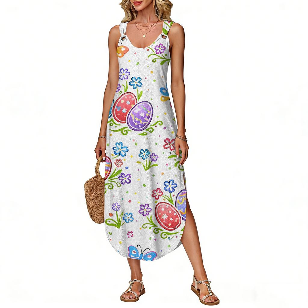 Robe d'été longue pour femme, sans manches avec fente latérale, longue robe débardeur imprimée pour Pâques