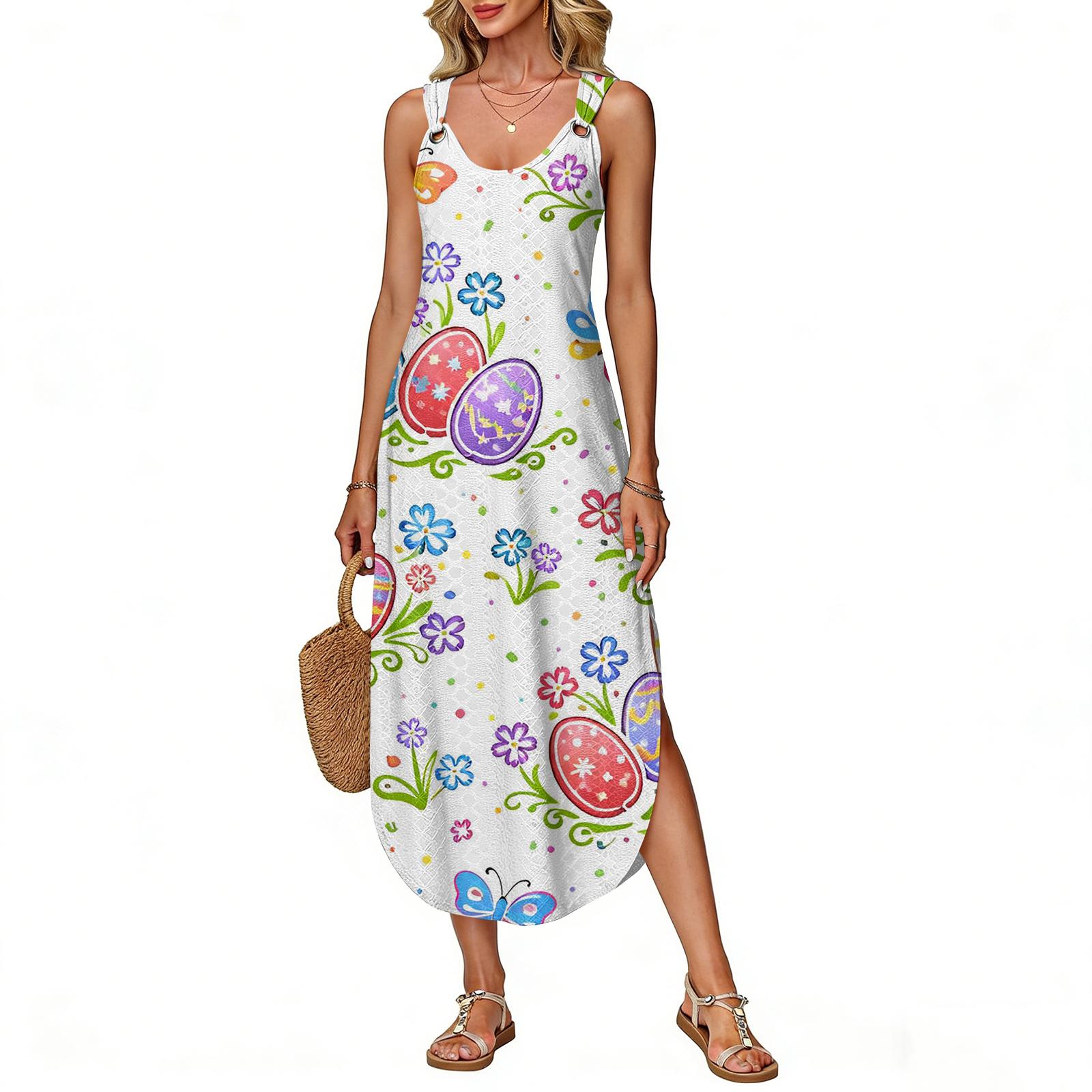 

Women s Summer Long Dress, Sleeveless With Side Slit, Long Easter Printed Vest Dress XL білий