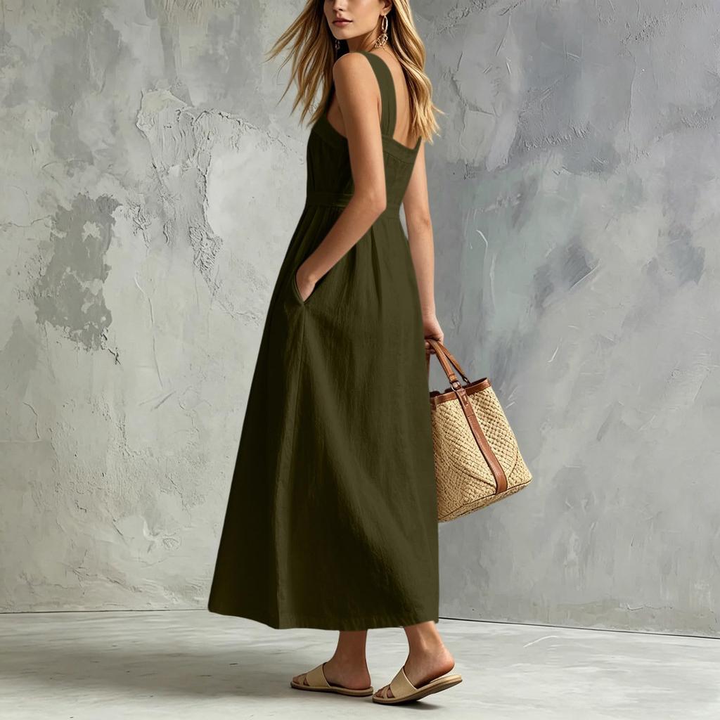 Women's Casual Sleeveless Dress with Thin Straps Button Front Long Dress with Pockets Lightweight Summer Maxi Dress